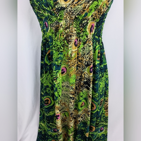 Artsy Vacation Elegant Boho Dopamine Green Peacock Print Summer‎ Dress (#640) - Picture 4 of 9